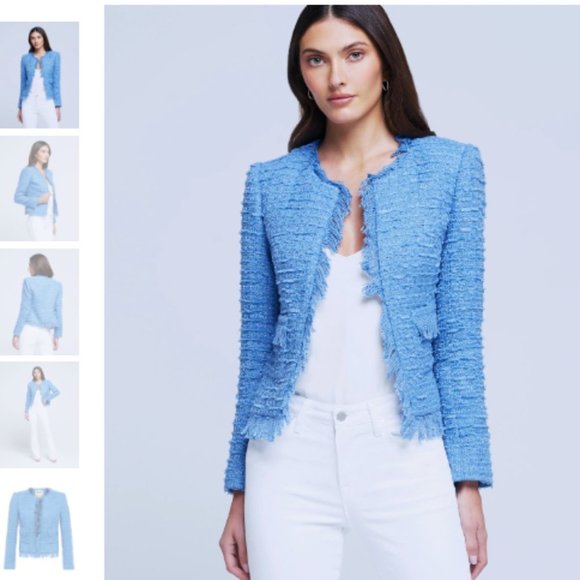 L'AGENCE Jackets & Blazers - L'Agence Angelina Tweed Fringe Blazer in Riviera Blue in Size 8 Strong Shoulders